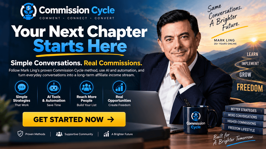 Commission Cycle final CTA image featuring Mark Ling, AI automation, affiliate marketing strategies, real commissions, and long-term growth