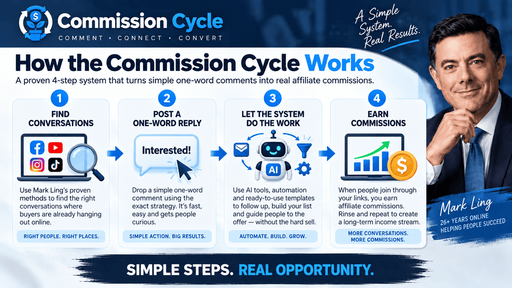 How Commission Cycle works with Mark Ling’s 4-step affiliate system using conversations, one-word replies, AI automation, and commissions