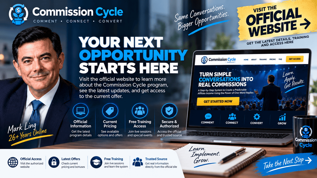 Commission Cycle official website page featuring Mark Ling, current pricing, free training access, official program information, and secure authorized access
