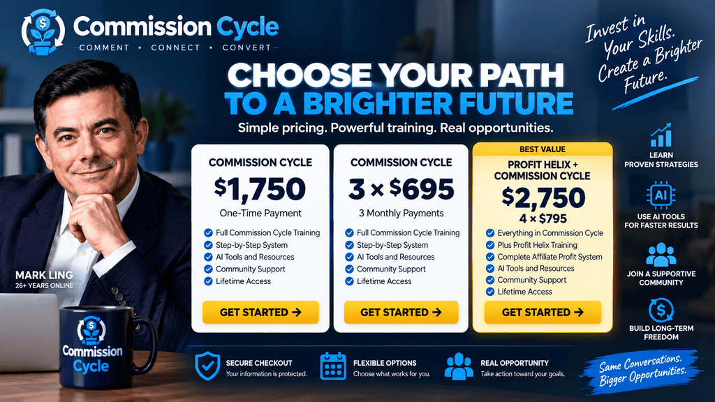 Commission Cycle pricing page showing program payment options, Mark Ling, AI tools, training, and affiliate marketing growth strategy