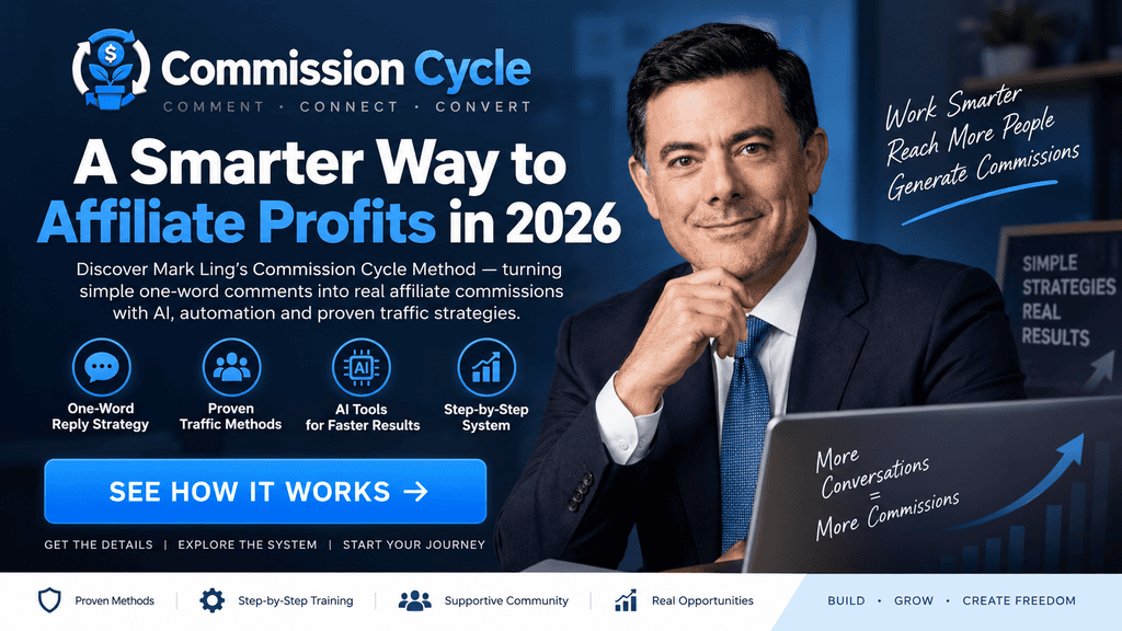 Commission Cycle Review 2026 hero image featuring Mark Ling, one-word reply strategy, AI tools, traffic methods and affiliate profit system