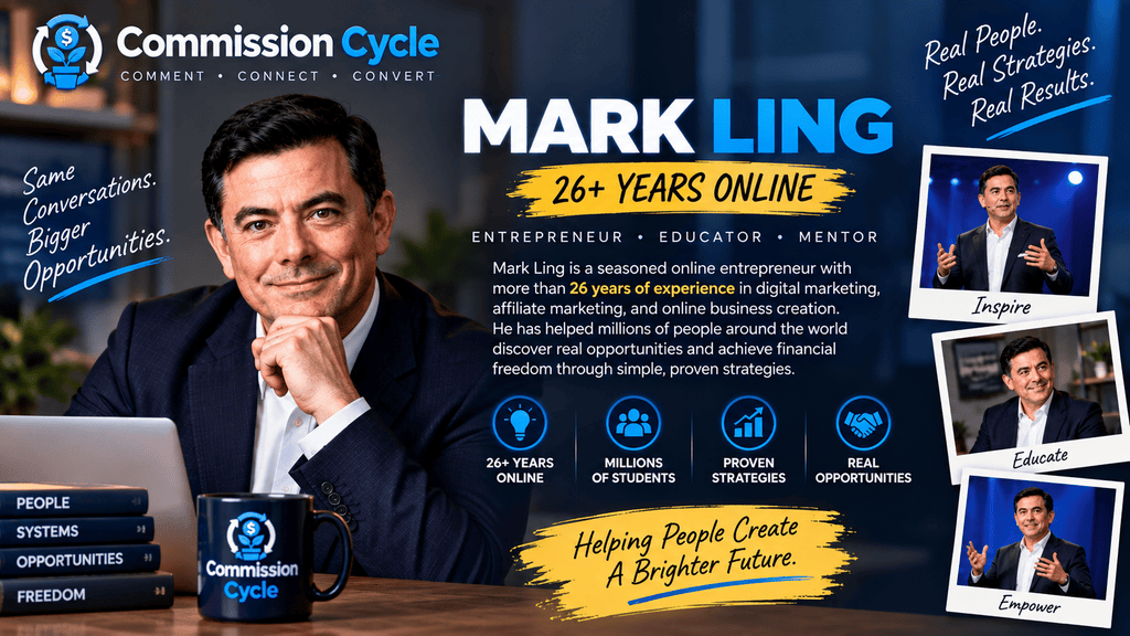 Mark Ling Commission Cycle profile highlighting 26+ years of online marketing experience, affiliate marketing strategies, and business training