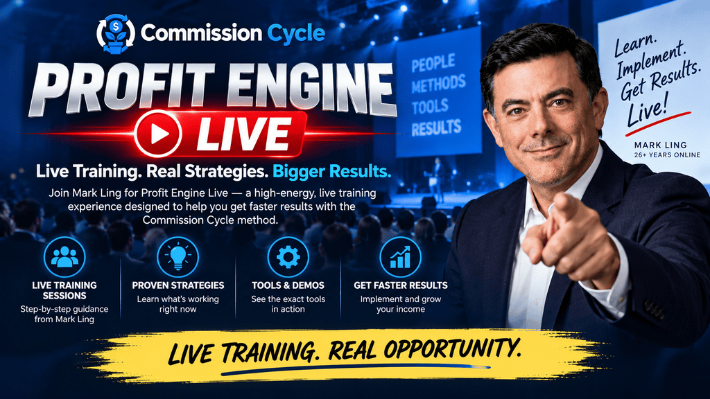 Profit Engine Live training with Mark Ling featuring Commission Cycle strategies, tools, live sessions, and affiliate marketing guidance