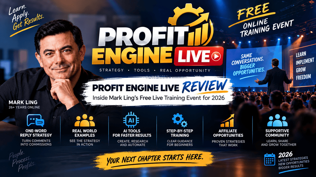 Profit Engine Live Review 2026 featuring Mark Ling, one-word reply strategy, AI tools, step-by-step affiliate training, and live online event details
